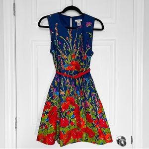 ModCloth Esley garden floral A-line flare dress in navy with braided red belt